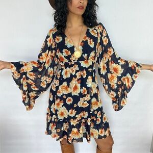 Betsey Johnson Indie Floral Bell Sleeve Bambi Ruffle Dress Navy/Orange Size 6